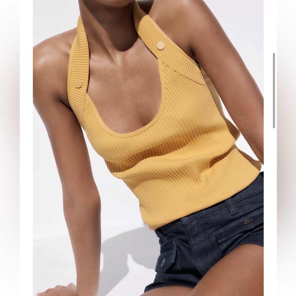 Yellow Ribbed Halter Button Top Zara NWT Size S